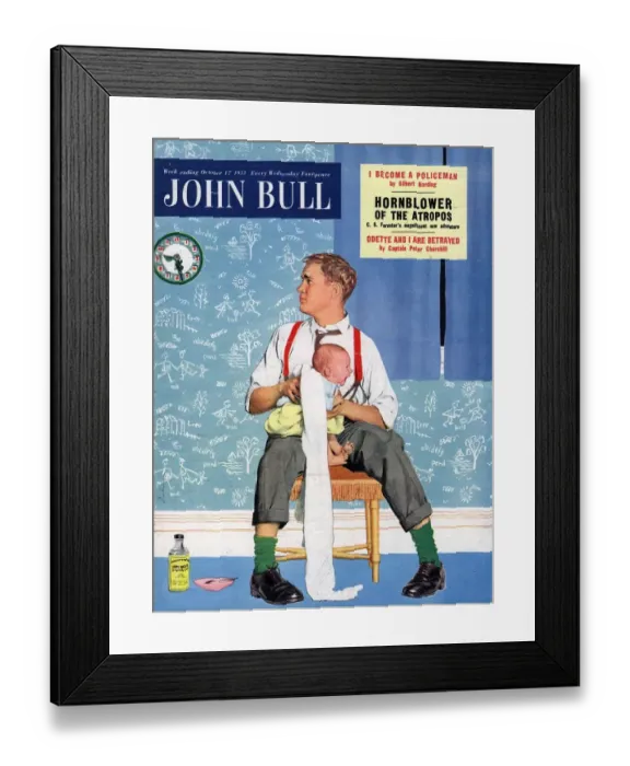 Framed Print : John Bull 1950s UK babies fathers and babies changing nappies dads magazines baby