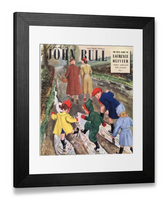 Framed Print : John Bull 1949 1940s UK puddles winter raining magazines
