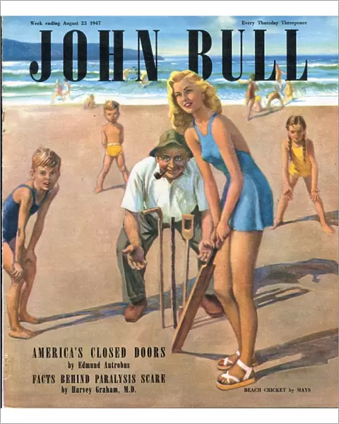 John Bull 1947 1940s UK holidays beaches seaside sea sand cricket bats fielders games