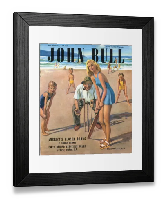 Framed Print : John Bull 1947 1940s UK holidays beaches seaside sea sand cricket bats fielders games