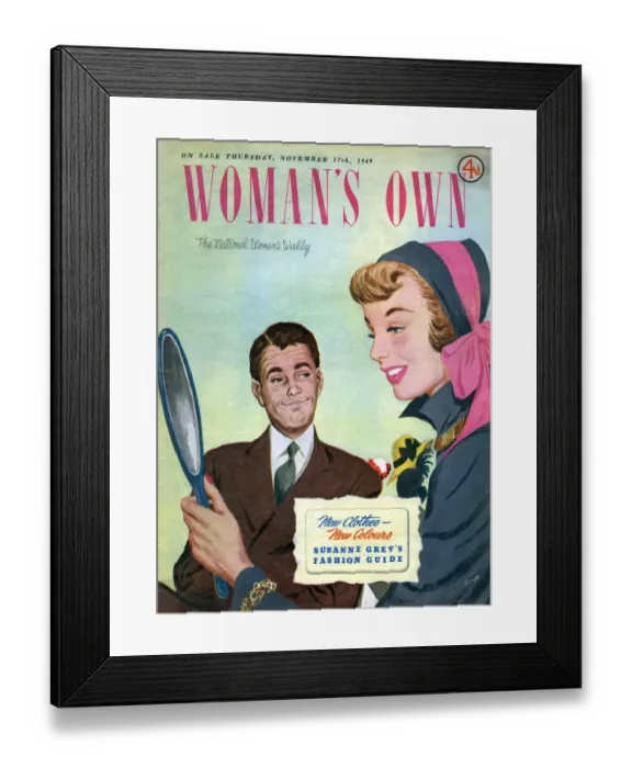 Framed Print : Womans Own 1949 1940s UK womens hats magazines womans vanity shopping