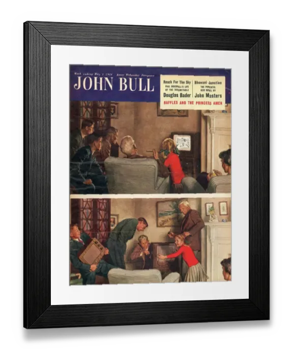 Framed Print : John Bull 1954 1950s UK rescan fixing mending watching magazines Framed Print : John Bull 1954 1950s UK rescan fixing mending watching magazines