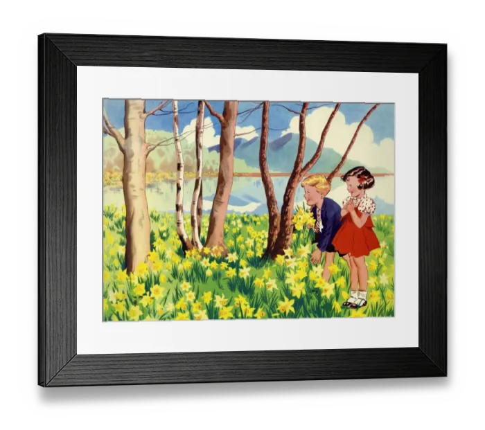 Framed Print : Infant School Illustrations 1950s UK picking flowers Spring seasons daffodils Enid Blyton Framed Print : Infant School Illustrations 1950s UK picking flowers Spring seasons daffodils Enid Blyton