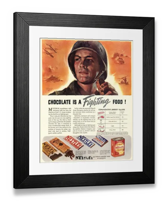 Framed Print : Nestles 1940s USA propaganda chocolate sweets WW2 Chocolate Is A Fighting Food Framed Print : Nestles 1940s USA propaganda chocolate sweets WW2 Chocolate Is A Fighting Food