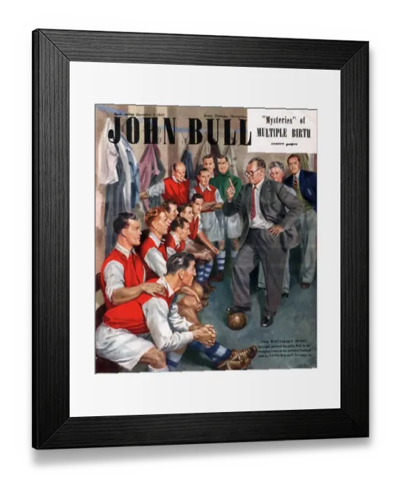 Framed Print : John Bull 1947 1940s UK Arsenal football team changing rooms magazines managers