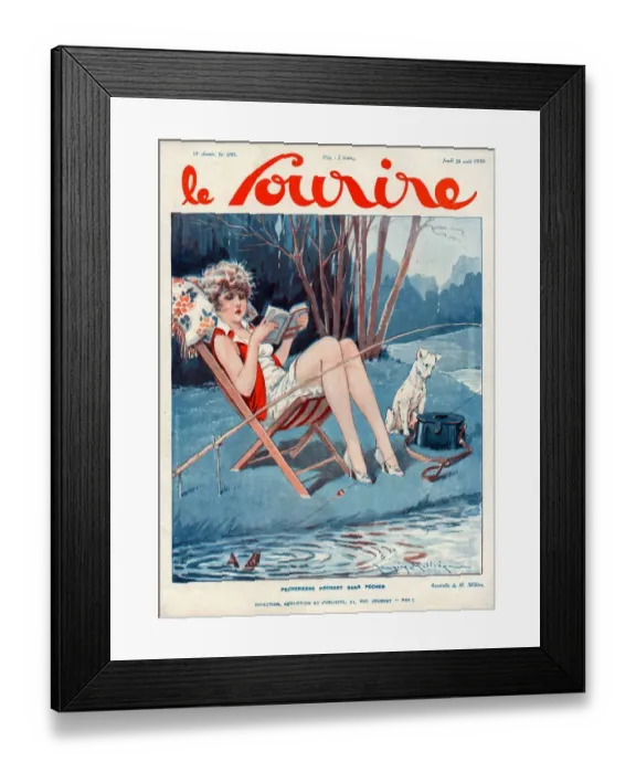 Framed Print : Le Sourire 1930 1930s France magazines fishing reading books dogs illustrations dog book Framed Print : Le Sourire 1930 1930s France magazines fishing reading books dogs illustrations dog book