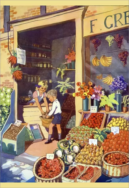 Infant School Illustrations 1950s UK grocers greengrocers fruit vegetables Enid Blyton