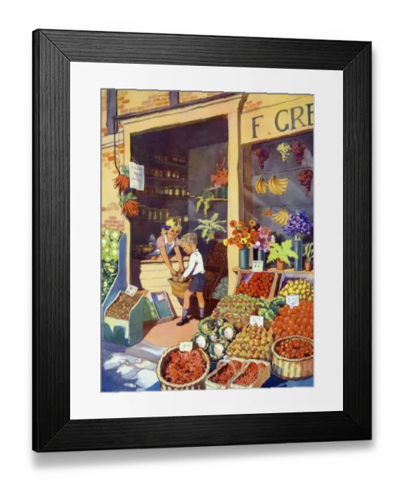 Framed Print : Infant School Illustrations 1950s UK grocers greengrocers fruit vegetables Enid Blyton Framed Print : Infant School Illustrations 1950s UK grocers greengrocers fruit vegetables Enid Blyton