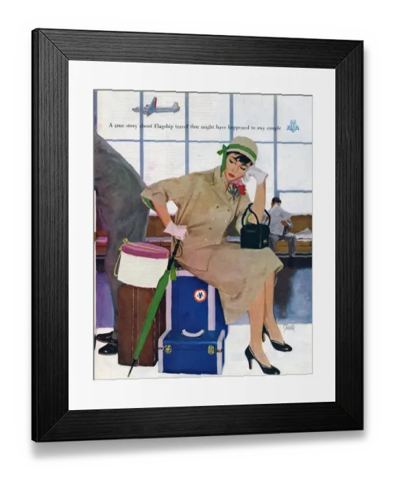 Framed Print : American Airlines 1953 1950s USA Al Parker waiting luggage airports delays disasters