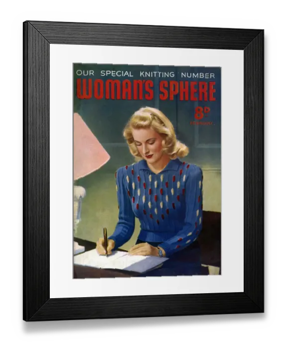 Framed Print : Womans Sphere 1940s UK womens knitwear Womans jumpers sweaters writing letters Framed Print : Womans Sphere 1940s UK womens knitwear Womans jumpers sweaters writing letters