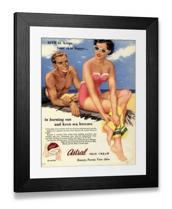 Framed Print : 1950s UK sun creams lotions tan tanning sunburn astral suntans sunbathing Framed Print : 1950s UK sun creams lotions tan tanning sunburn astral suntans sunbathing
