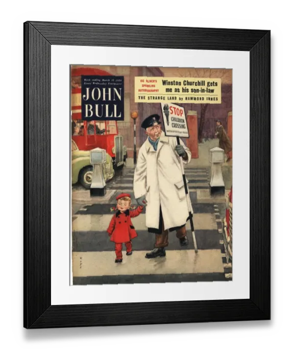 Framed Print : John Bull 1954 1950s UK lollypop man men road safety magazines Framed Print : John Bull 1954 1950s UK lollypop man men road safety magazines