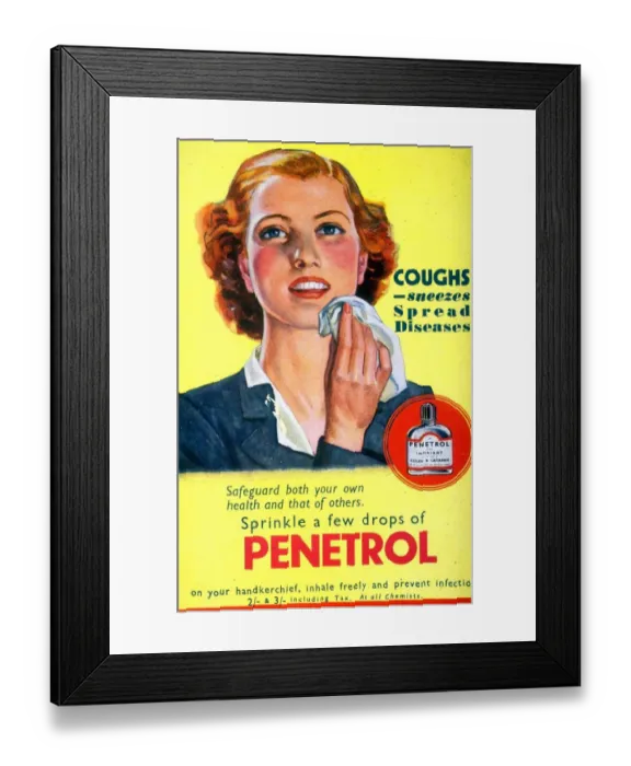 Framed Print : 1940s UK coughs sneezes sneezing colds penetrol medicine handkerchieves handkerchiefs