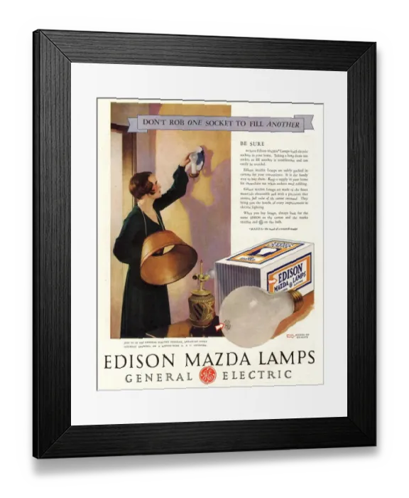 Framed Print : 1920s USA edison mazda lamps general electric lamps light bulbs appliances Framed Print : 1920s USA edison mazda lamps general electric lamps light bulbs appliances
