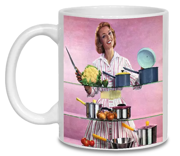Happy Housewife in Kitchen 1960s UK pans pots housewives
