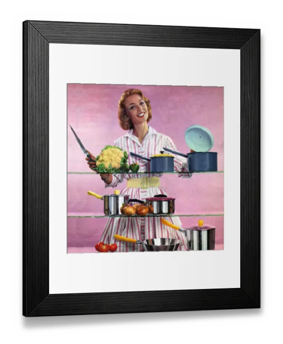 Framed Print : Happy Housewife in Kitchen 1960s UK pans pots housewives Framed Print : Happy Housewife in Kitchen 1960s UK pans pots housewives