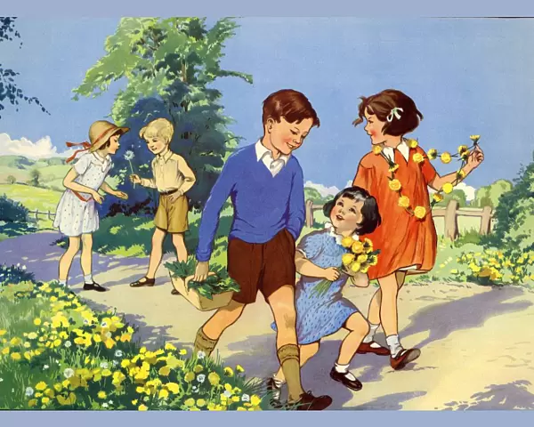 Infant School Illustrations 1950s UK picking flowers Enid Blyton