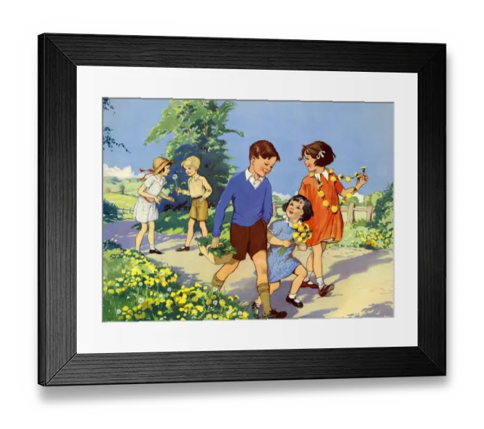 Framed Print : Infant School Illustrations 1950s UK picking flowers Enid Blyton