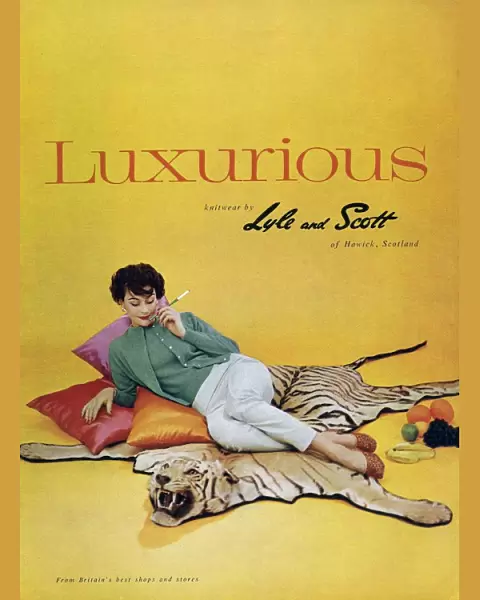 Lyle and Scott 1950s UK womens knitwear woman tiger skin rugs