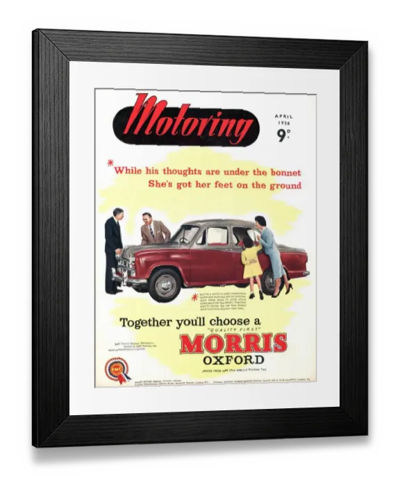 Framed Print : Motoring 1958 1950s UK cars morris oxford magazines family