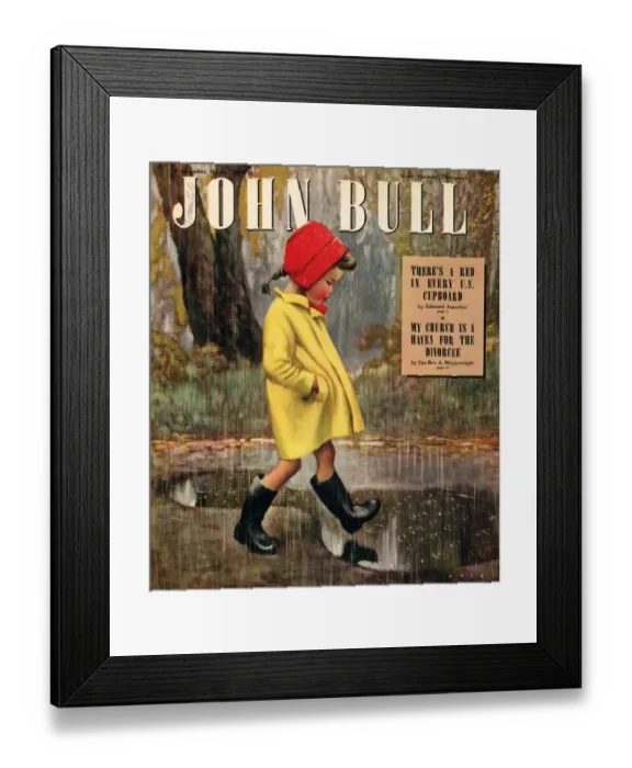 Framed Print : John Bull 1947 1940s UK raining stepping in puddles seasons winter magazines Framed Print : John Bull 1947 1940s UK raining stepping in puddles seasons winter magazines