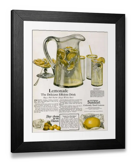 Framed Print : Sunkist 1920s USA lemons lemonade soft fizzy drinks Framed Print : Sunkist 1920s USA lemons lemonade soft fizzy drinks
