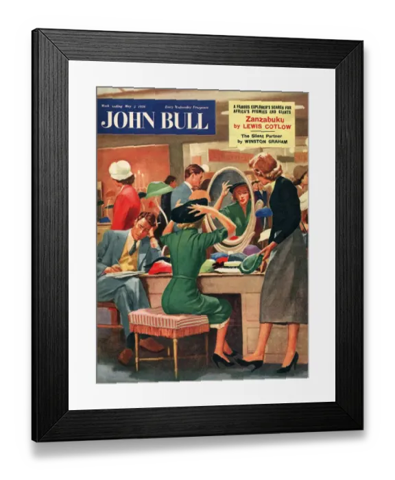 Framed Print : John Bull 1956 1950s UK womens hats shopping bored husbands couples sales magazines Framed Print : John Bull 1956 1950s UK womens hats shopping bored husbands couples sales magazines