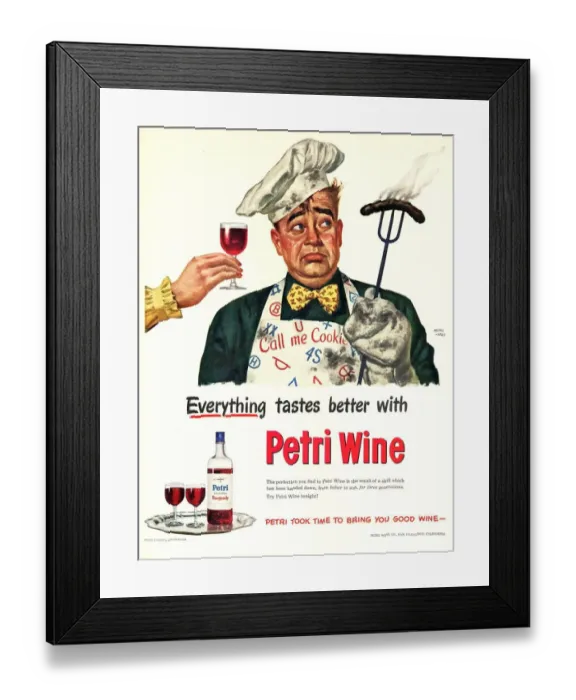 Framed Print : Petri Wine 1940s USA cooking bbq barbecues disasters burnt sausages alcohol