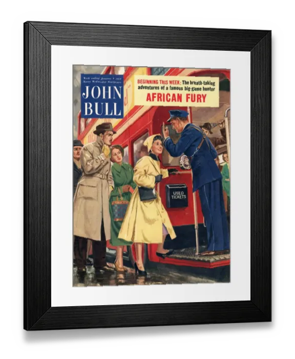Framed Print : John Bull 1954 1950s UK buses bus conductors rush hour routemasters magazines