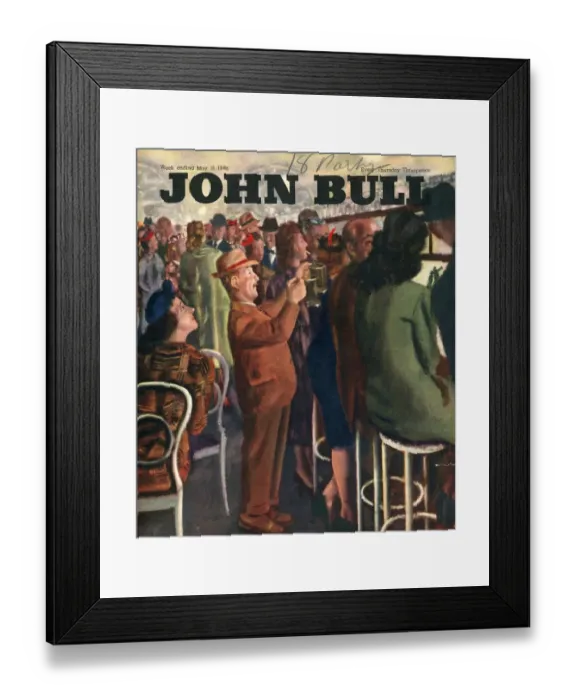Framed Print : John Bull 1946 1940s UK pubs bars alcoholic short men queues magazines