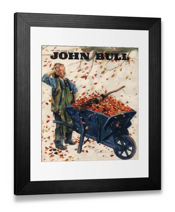 Framed Print : John Bull 1946 1940s UK seasons Autumn leaves wheelbarrows magazines