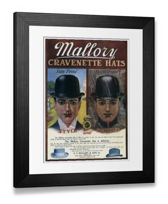 Framed Print : Mallory 1910s USA hats mens bowler Framed Print : Mallory 1910s USA hats mens bowler