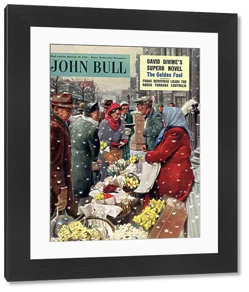 John Bull 1954 1950s UK flowers stalls snowing shopping markets winter cold weather