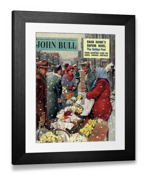 Framed Print : John Bull 1954 1950s UK flowers stalls snowing shopping markets winter cold weather