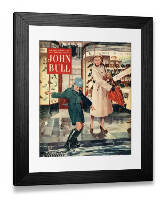 Framed Print : John Bull 1954 1950s UK mothers sons raining puddles umbrellas shopping wet weather