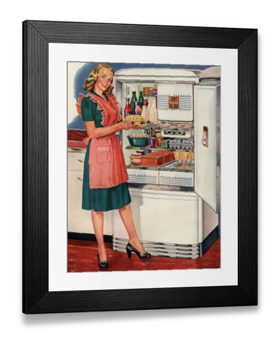 Framed Print : Hotpoint 1940s USA kitchens fridges housewife housewives cooking woman women in kitchen