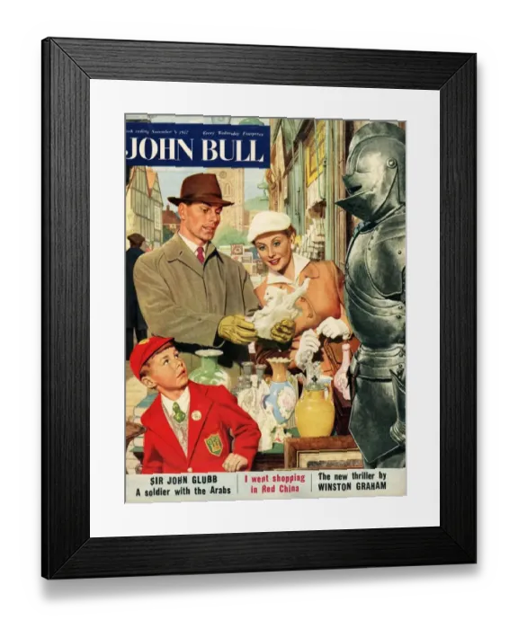 Framed Print : John Bull 1957 1950s UK couples schoolboys antiques markets shopping armour magazines