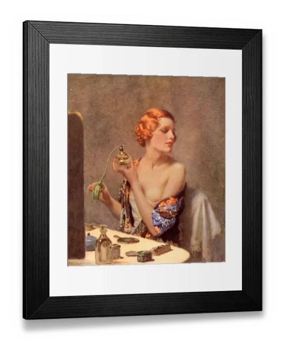 Framed Print : 1930s UK perfume woman doing her make-up budoir putting on perfume atomisers makeup Framed Print : 1930s UK perfume woman doing her make-up budoir putting on perfume atomisers makeup