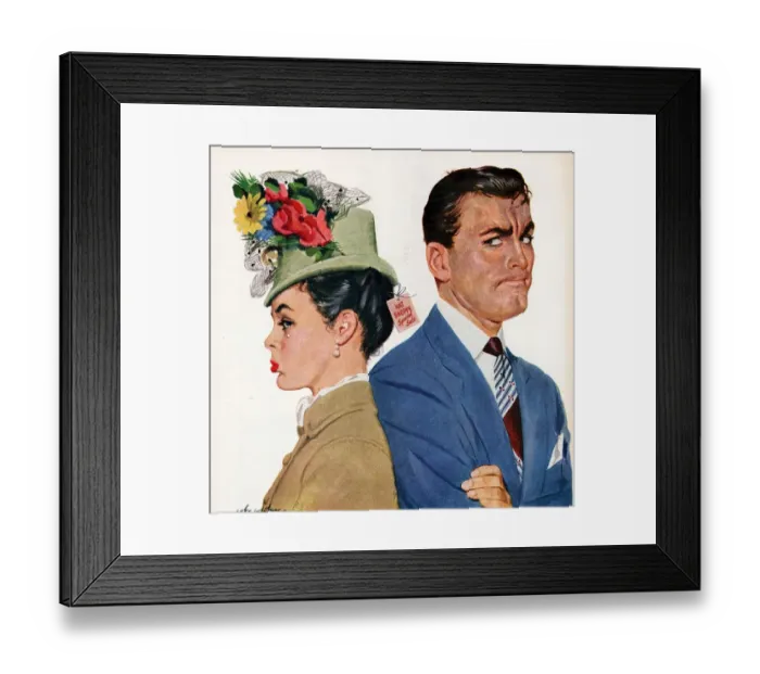 Framed Print : Arrow 1940s USA arguments arguing shopping hats womens anger angry couples