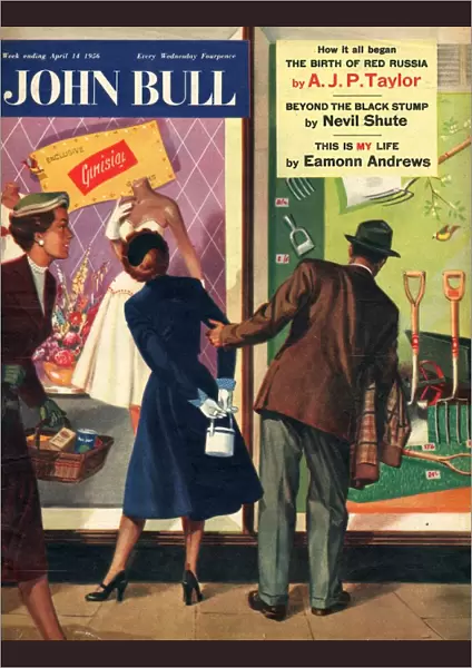 John Bull 1956 1950s UK couples window shopping dresses tools magazines clothing clothes