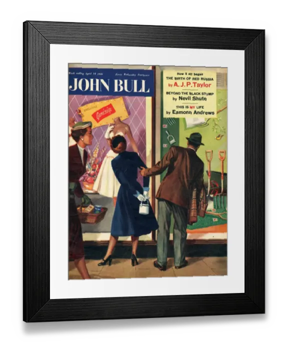 Framed Print : John Bull 1956 1950s UK couples window shopping dresses tools magazines clothing clothes Framed Print : John Bull 1956 1950s UK couples window shopping dresses tools magazines clothing clothes