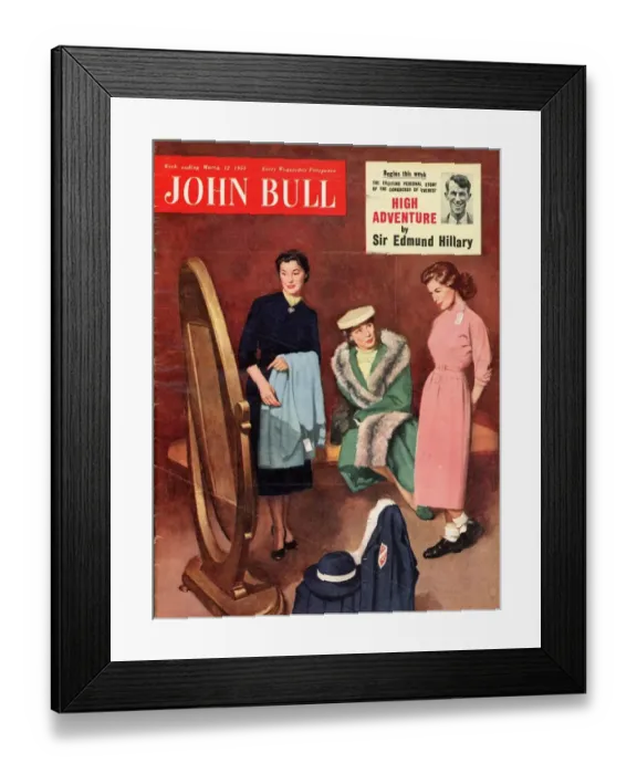 Framed Print : John Bull 1955 1950s UK shopping trying on clothes mothers and daughters sales assistants