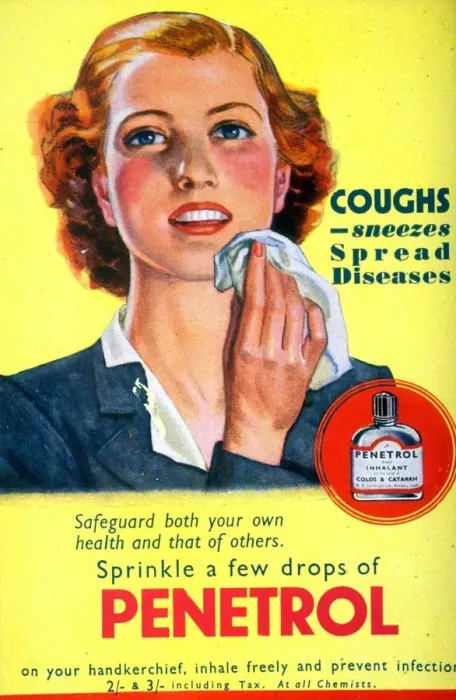 Framed Print : 1940s UK coughs sneezes sneezing colds penetrol medicine handkerchieves handkerchiefs