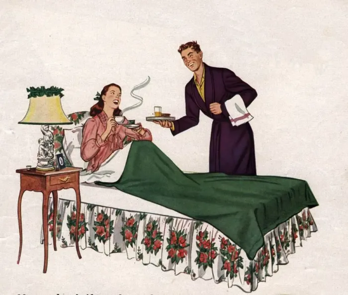 Framed Print : 1940s USA love breakfast in bed bordens coffee tea mothers day husbands and wives Framed Print : 1940s USA love breakfast in bed bordens coffee tea mothers day husbands and wives