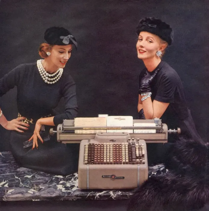 Framed Print : 1950s USA burroughs sensimatic adding machines equipment womens hats secretaries