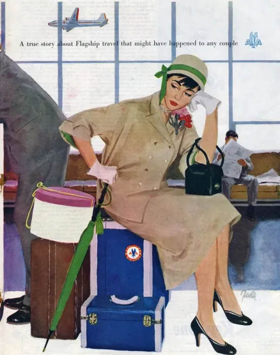 Framed Print : American Airlines 1953 1950s USA Al Parker waiting luggage airports delays disasters