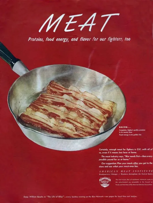 Framed Print : American Meat Institute 1950s USA bacon frying pans rashers