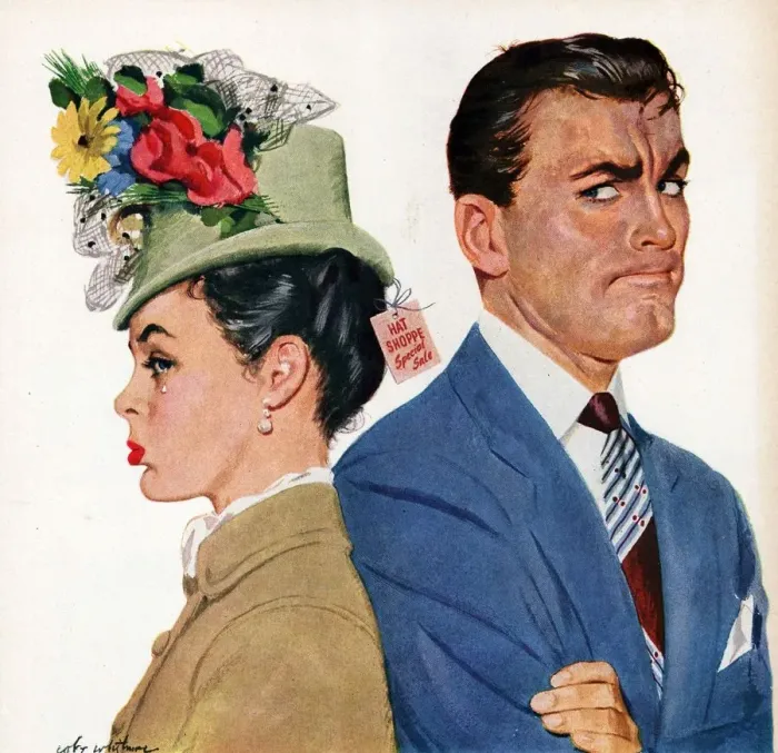 Framed Print : Arrow 1940s USA arguments arguing shopping hats womens anger angry couples