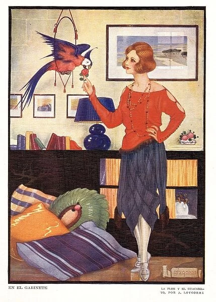Art Deco Woman with Parrot 1920s Spain cc birds parrots pets art deco
