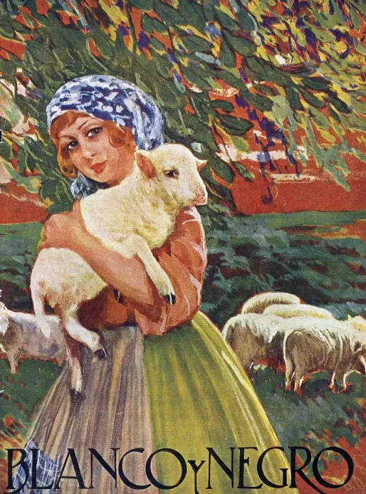 Framed Print : Blanco y Negro 1922 1920s Spain cc girls lambs shepherds sheep
